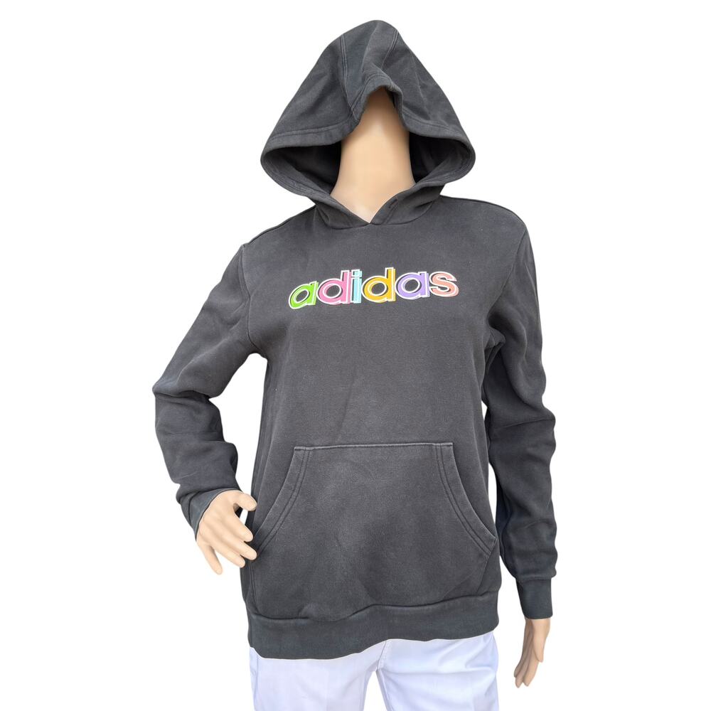Adidas Black Rainbow Multicolor Logo Fleece Pullover Hoodie Sweatshirt Women S